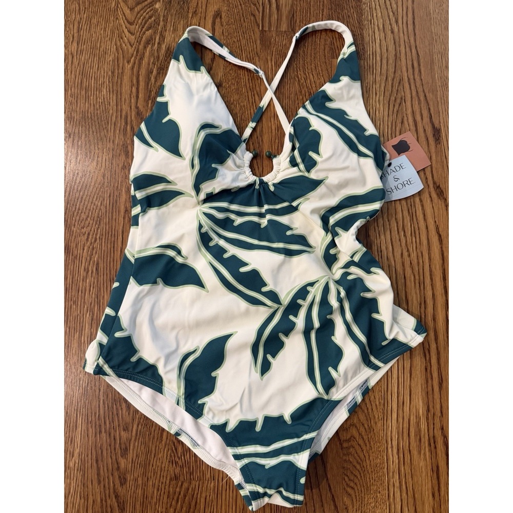 NEW Shade & Shore Green Tropical Leaf Print Cutout Tie Lg One Piece Swimsuit NWT